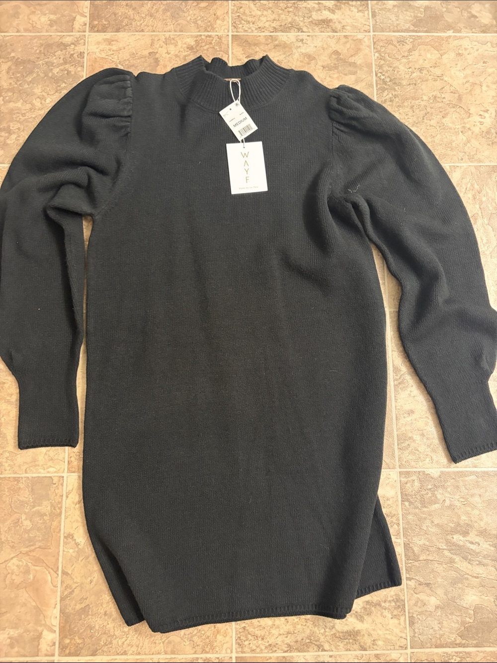 Wayf Black Puff-Sleeve Turtleneck Sweater Dress